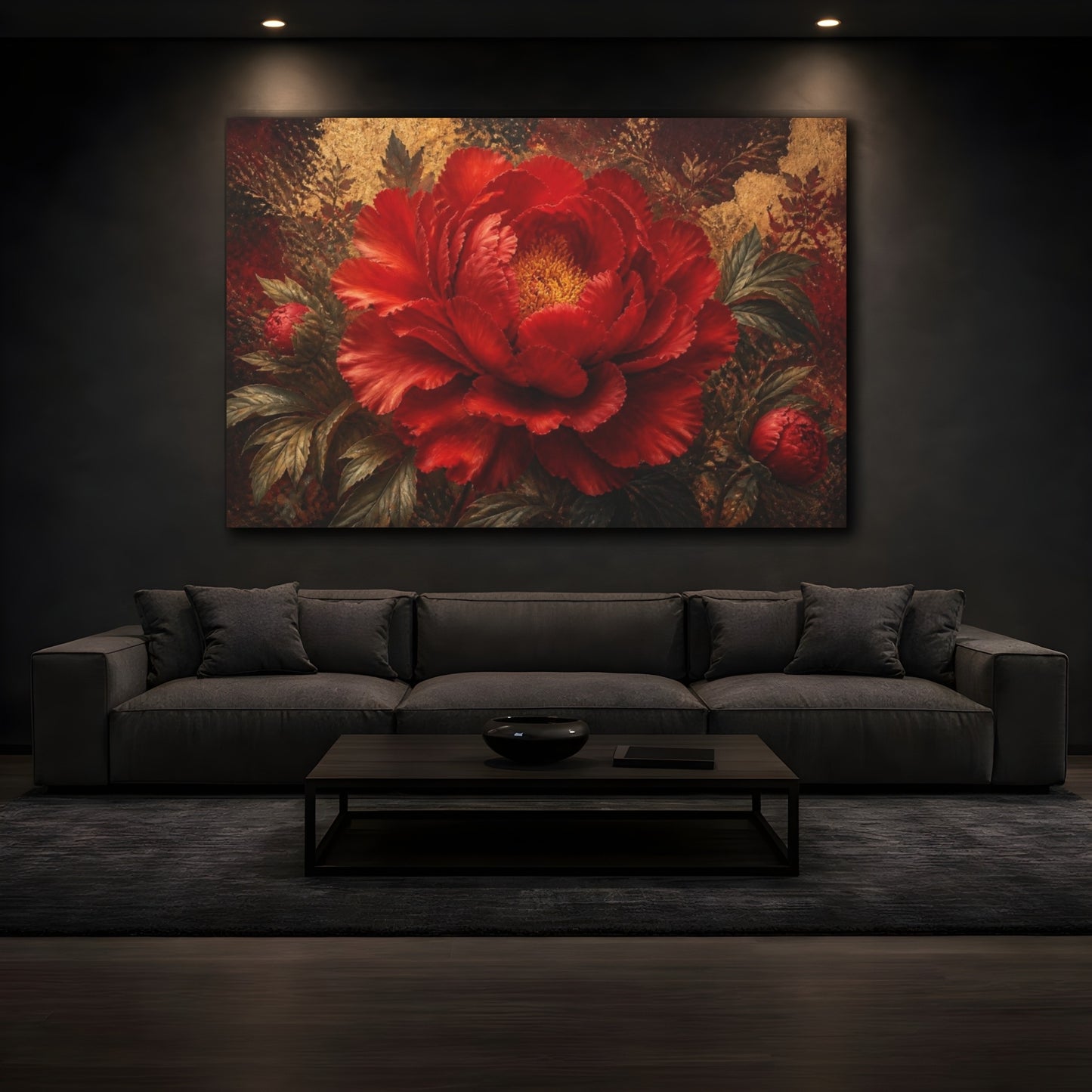 Mockup 3. Dramatic Red Peony Bloom shown as canvas print