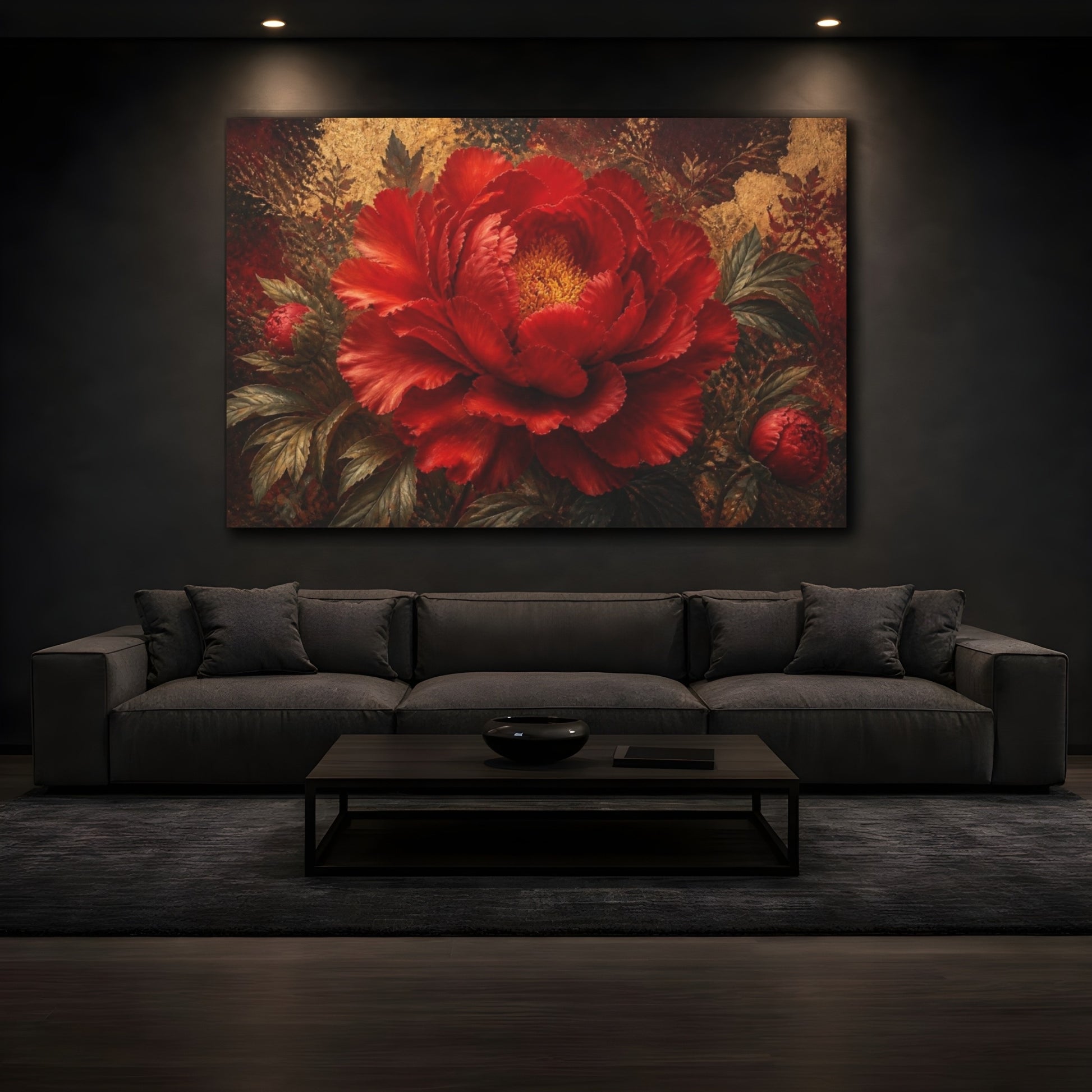 Mockup 3. Dramatic Red Peony Bloom shown as canvas print