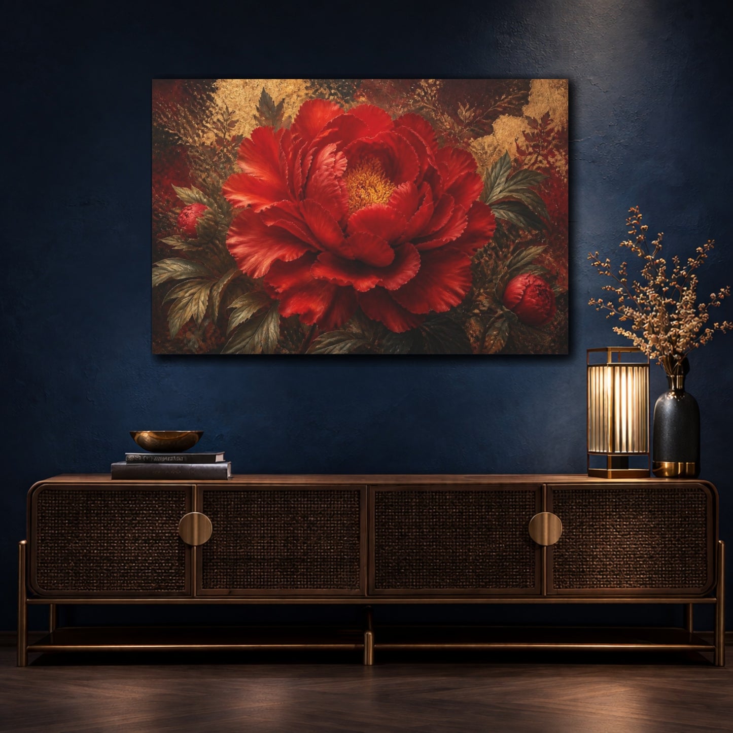 Mockup 4. Dramatic Red Peony Bloom shown as canvas print