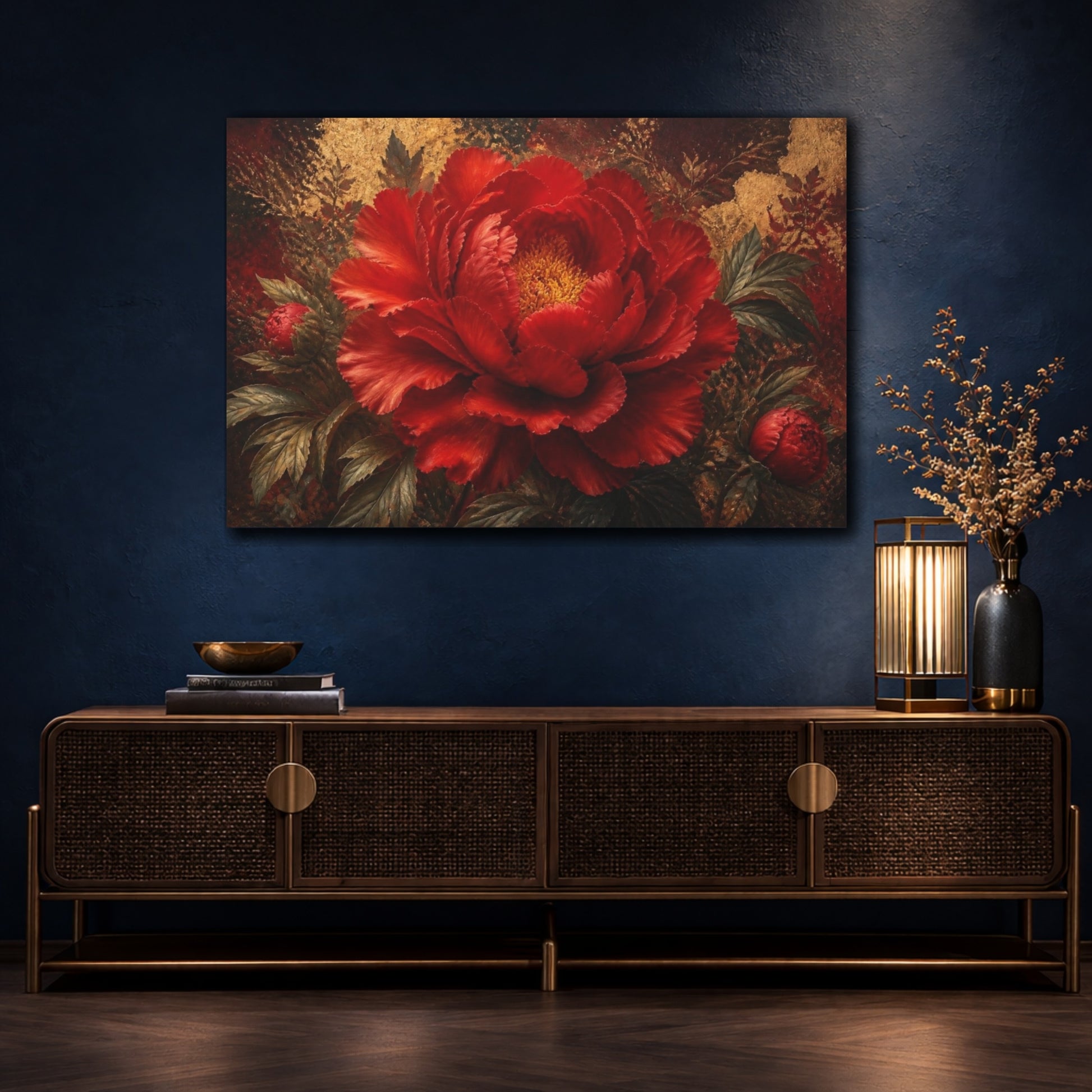 Mockup 4. Dramatic Red Peony Bloom shown as canvas print