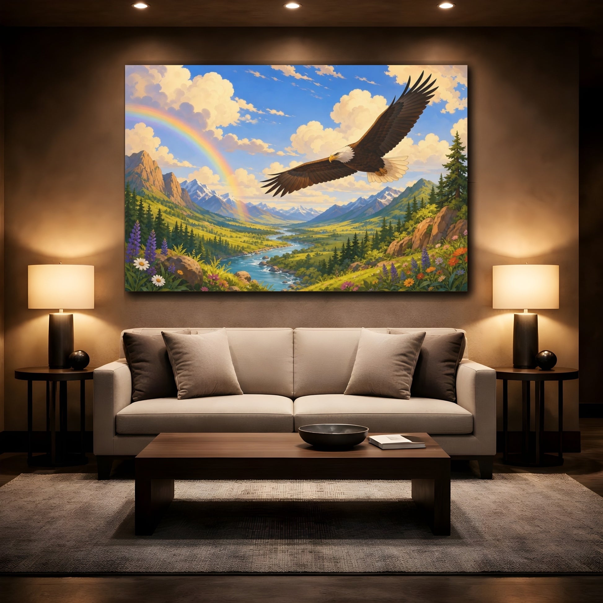 Mockup 2. Dramatic Wildlife Realism Eagle Above Storm-Cleared Valley shown as stretched canvas wall art