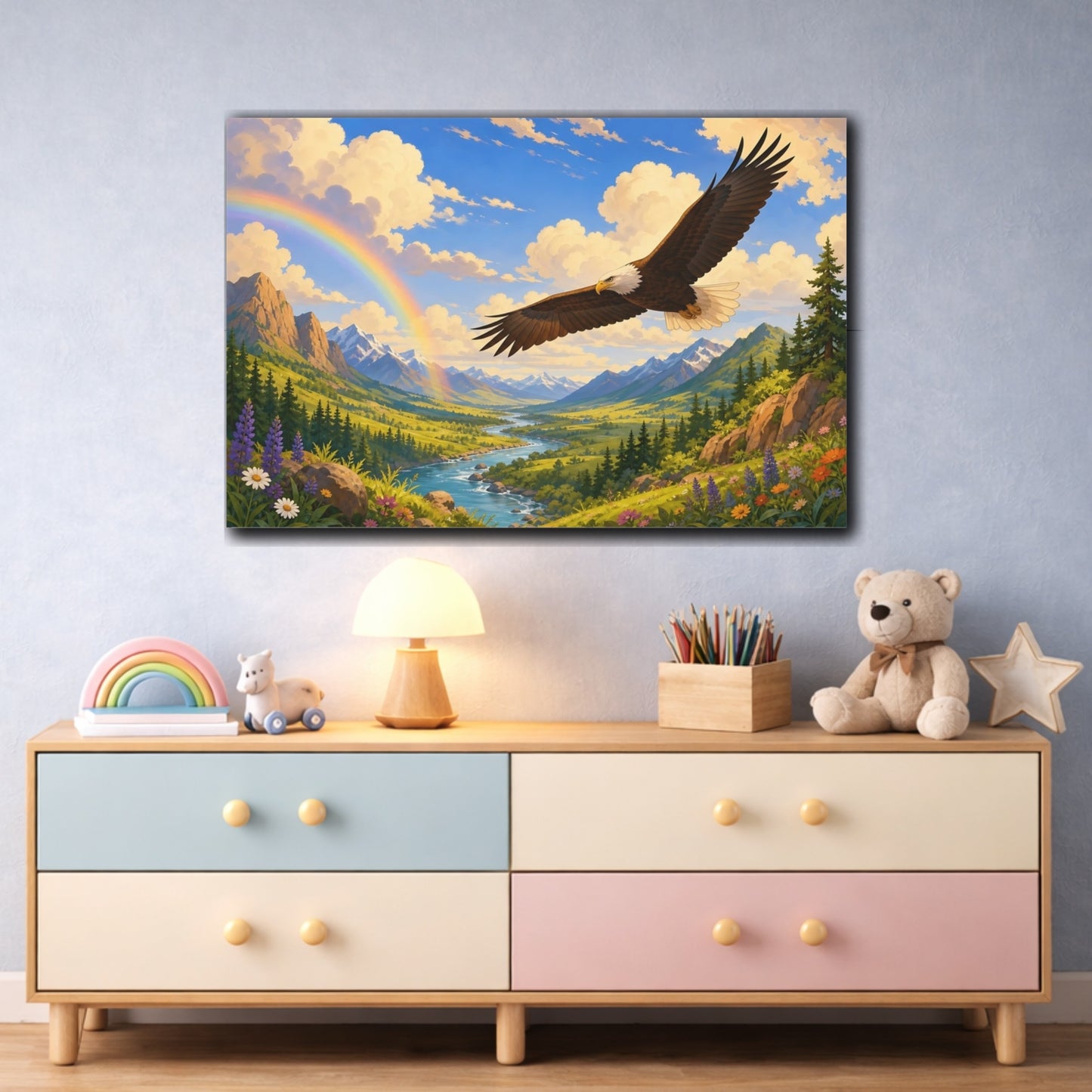 Mockup 3. Dramatic Wildlife Realism Eagle Above Storm-Cleared Valley shown as stretched canvas wall art