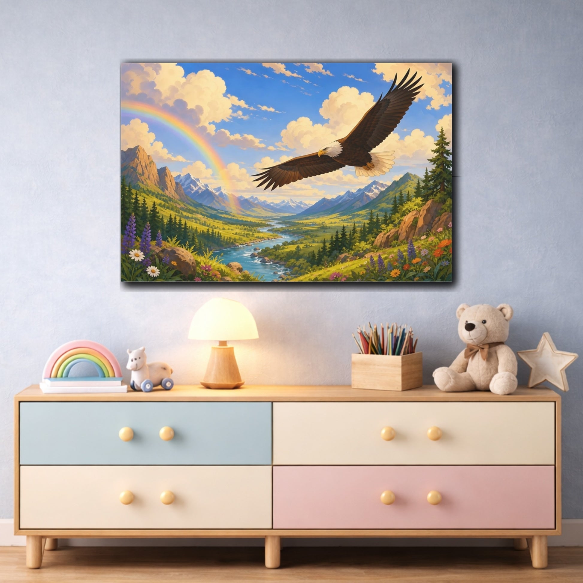 Mockup 3. Dramatic Wildlife Realism Eagle Above Storm-Cleared Valley shown as stretched canvas wall art