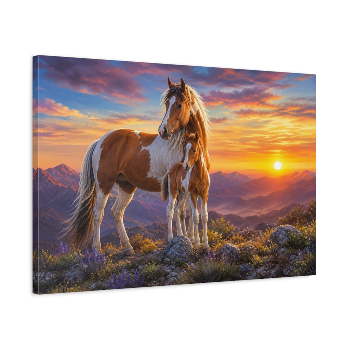 Side Mockup 2. Dramatic Wildlife Realism Mustang On Rocky Dawn Ridge shown as stretched canvas wall art