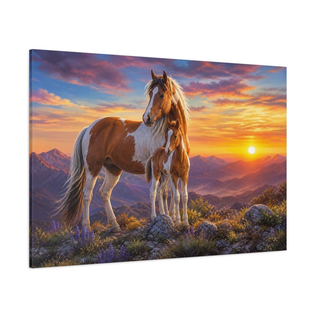Side Mockup 1. Dramatic Wildlife Realism Mustang On Rocky Dawn Ridge shown as stretched canvas wall art