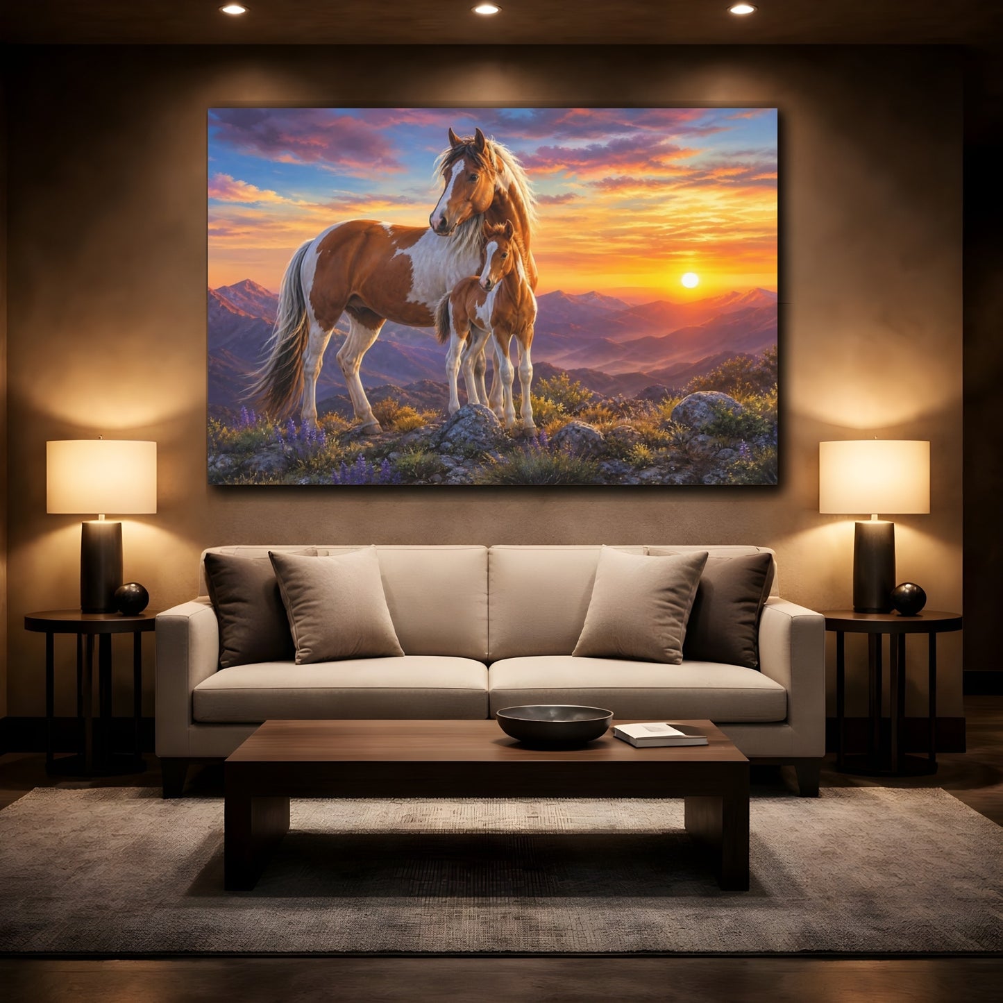 Mockup 2. Dramatic Wildlife Realism Mustang On Rocky Dawn Ridge shown as stretched canvas wall art