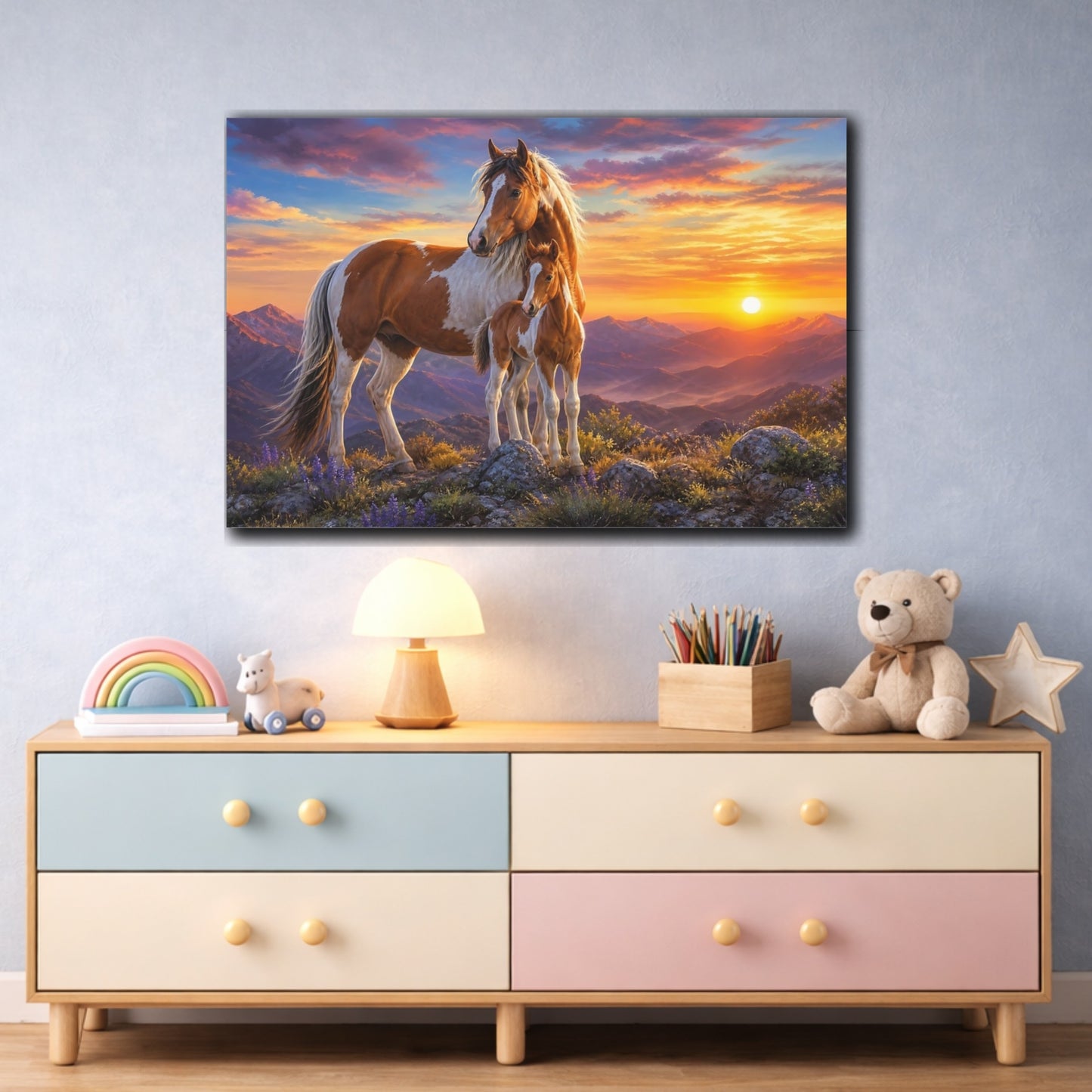 Mockup 3. Dramatic Wildlife Realism Mustang On Rocky Dawn Ridge shown as stretched canvas wall art