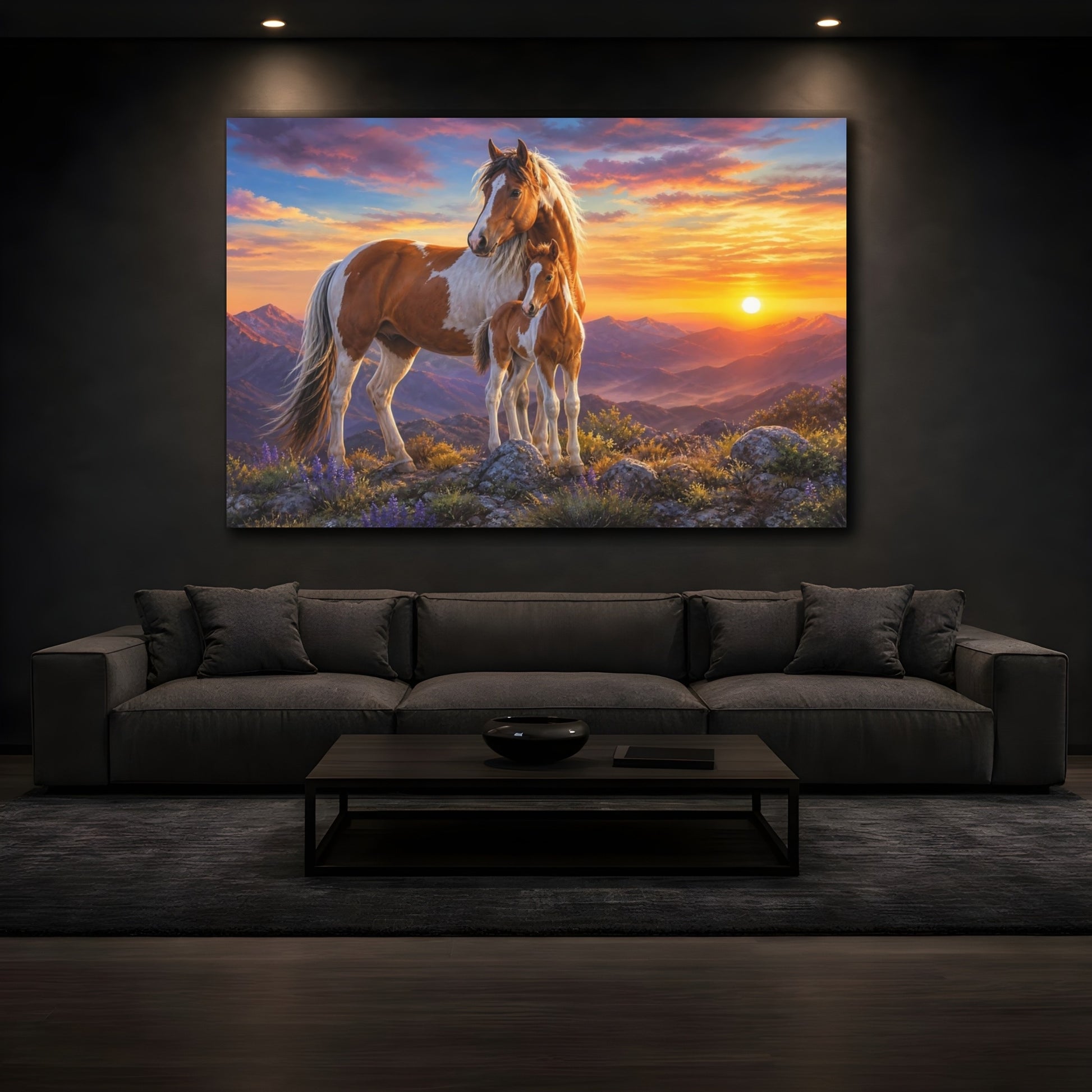 Mockup 4. Dramatic Wildlife Realism Mustang On Rocky Dawn Ridge shown as stretched canvas wall art