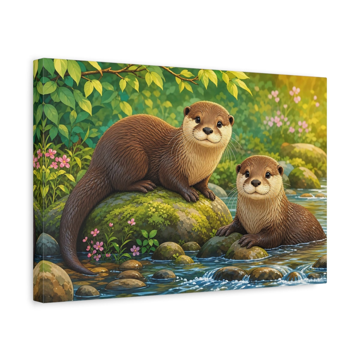 Side Mockup 4. Dramatic Wildlife Realism Otter Pair Beside Mossy Stones shown as stretched canvas wall art