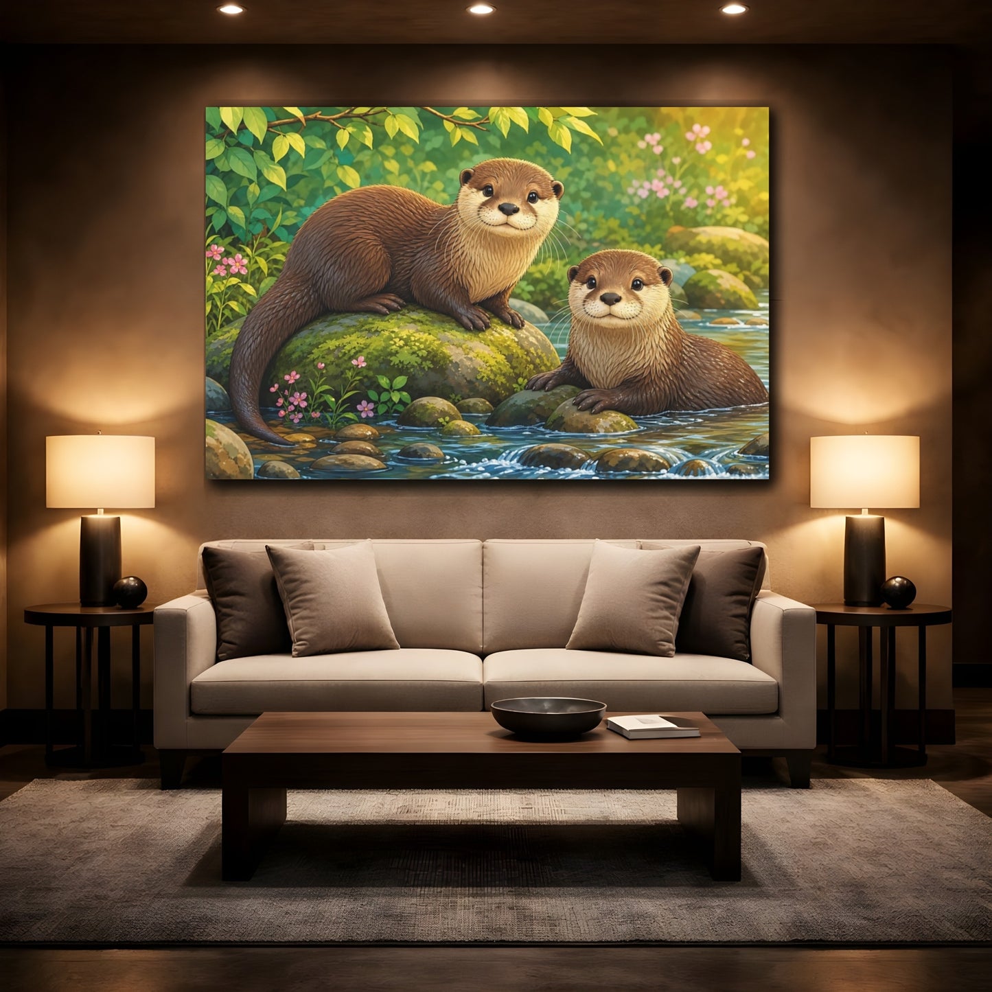 Mockup 2. Dramatic Wildlife Realism Otter Pair Beside Mossy Stones shown as stretched canvas wall art