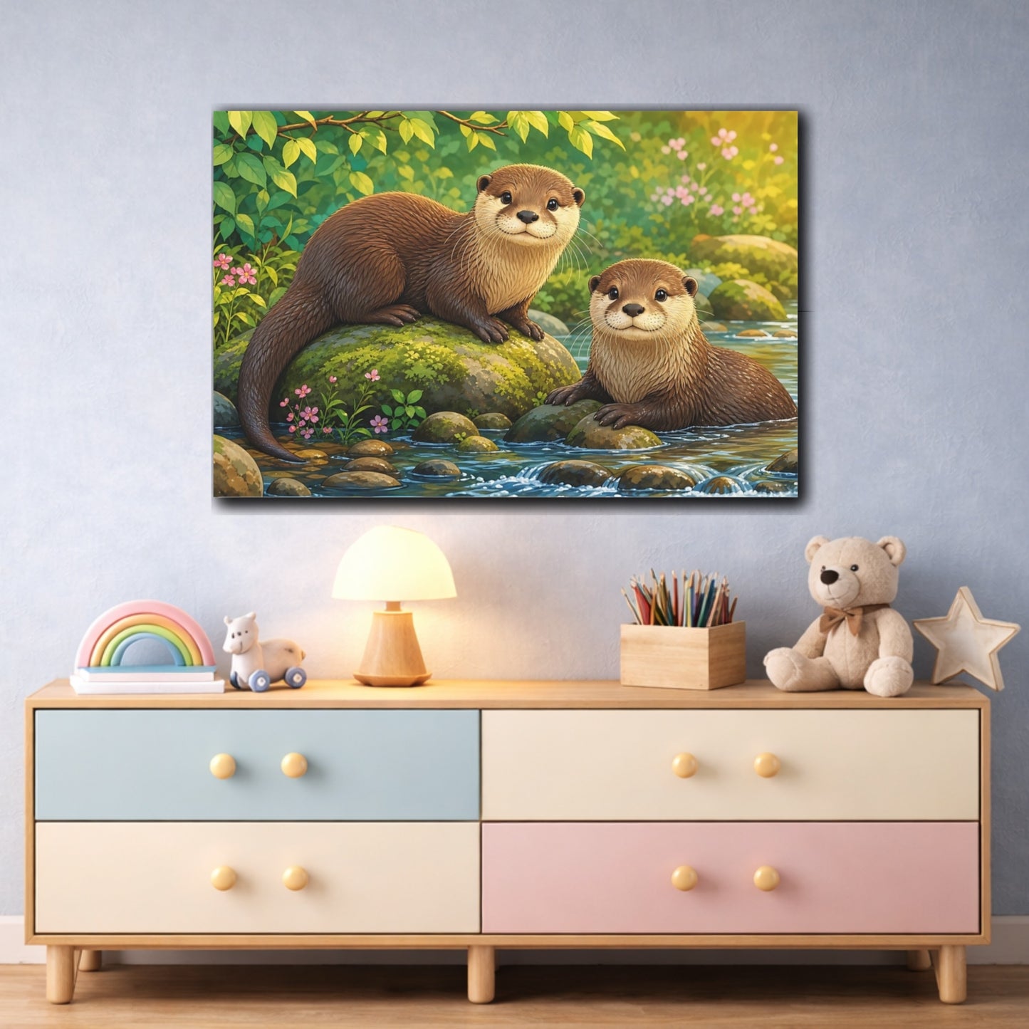 Mockup 3. Dramatic Wildlife Realism Otter Pair Beside Mossy Stones shown as stretched canvas wall art