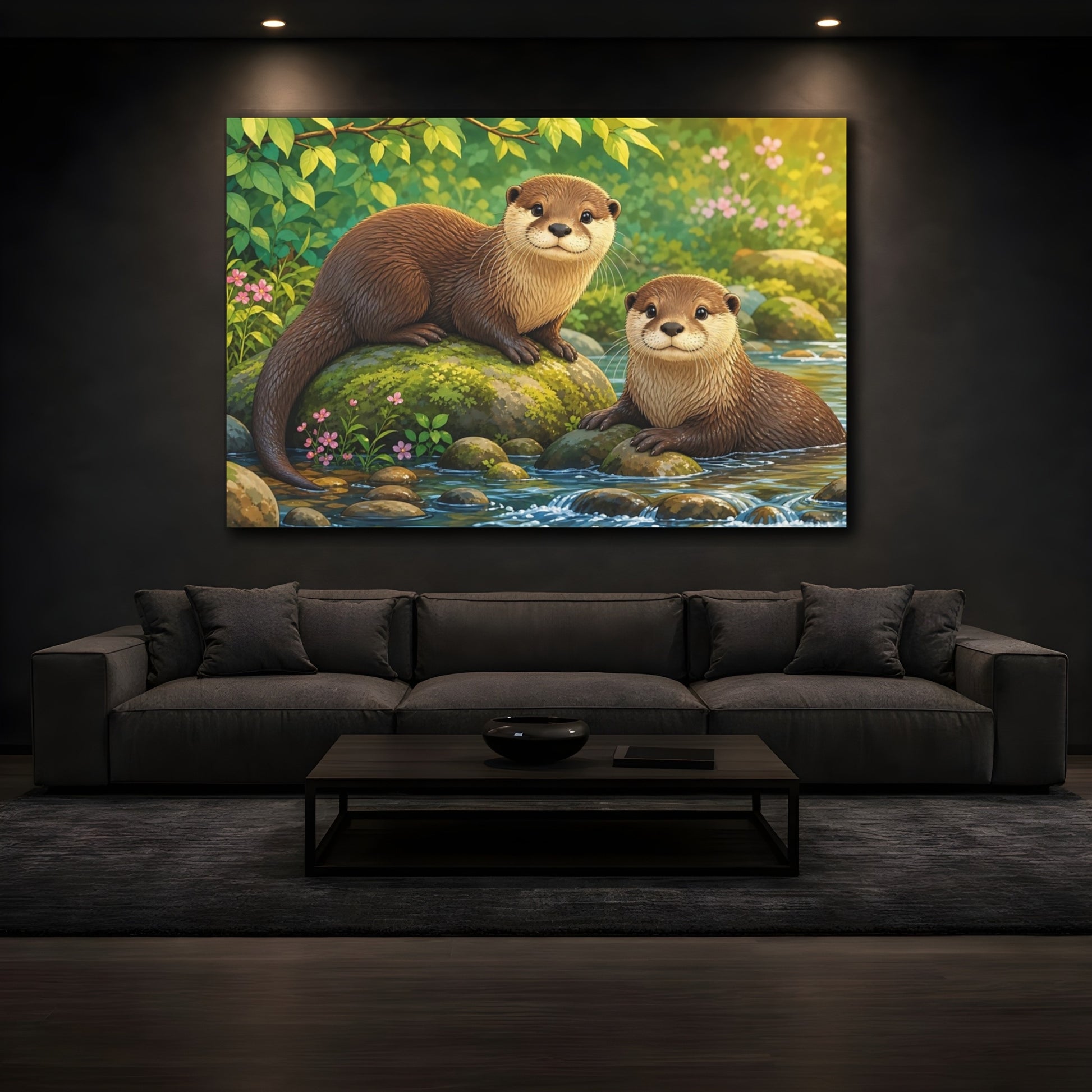 Mockup 4. Dramatic Wildlife Realism Otter Pair Beside Mossy Stones shown as stretched canvas wall art