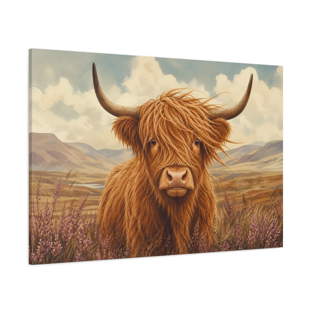 Side Mockup 1. Dramatic Wildlife Realism Shaggy Highland Cow In Wind shown as stretched canvas wall art