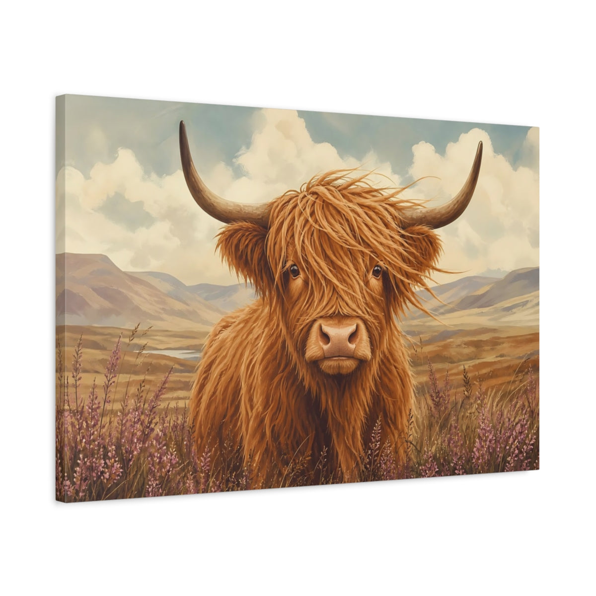 Side Mockup 2. Dramatic Wildlife Realism Shaggy Highland Cow In Wind shown as stretched canvas wall art