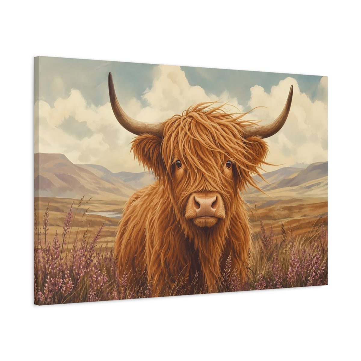 Main Mockup. Dramatic Wildlife Realism Shaggy Highland Cow In Wind shown as stretched canvas wall art
