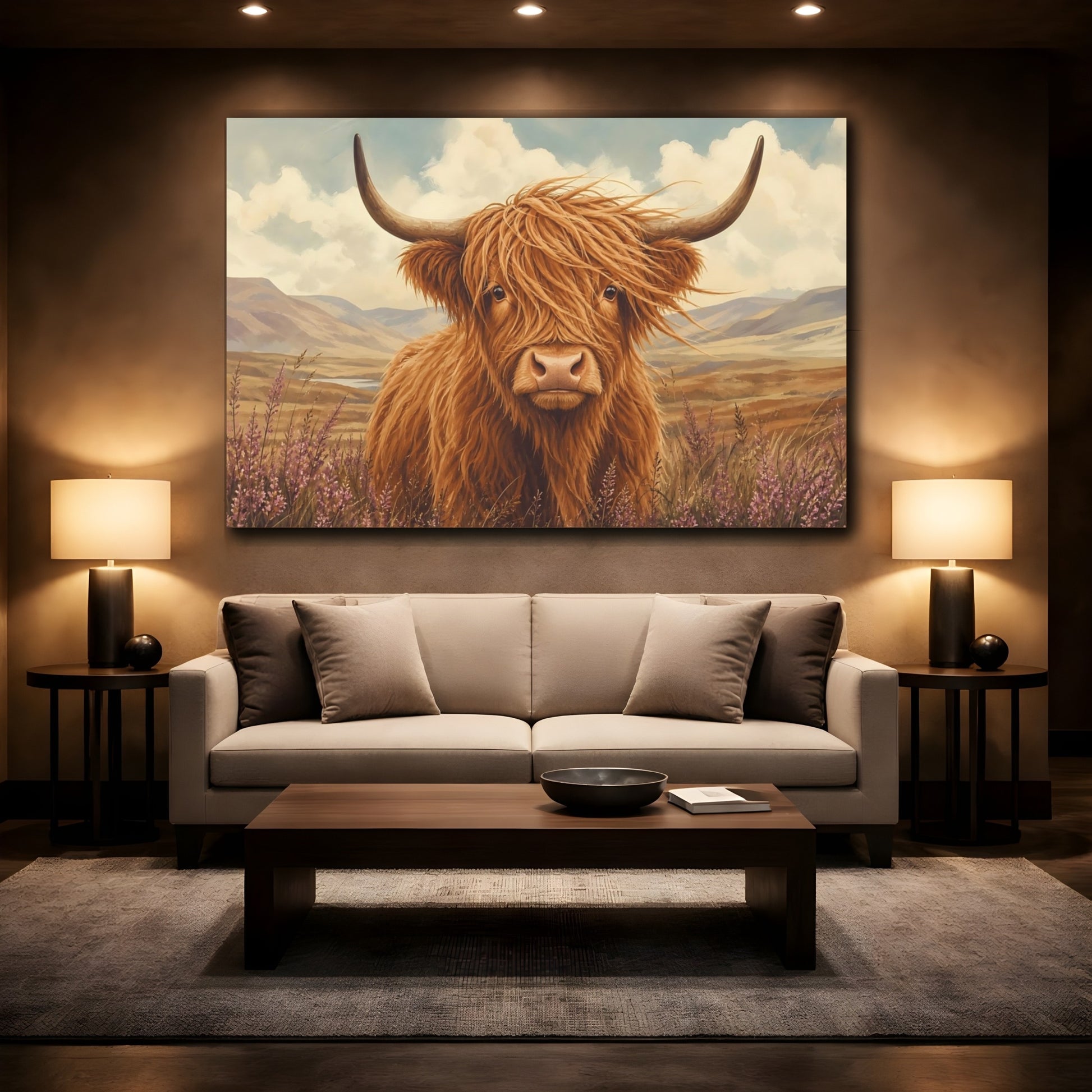 Mockup 2. Dramatic Wildlife Realism Shaggy Highland Cow In Wind shown as stretched canvas wall art