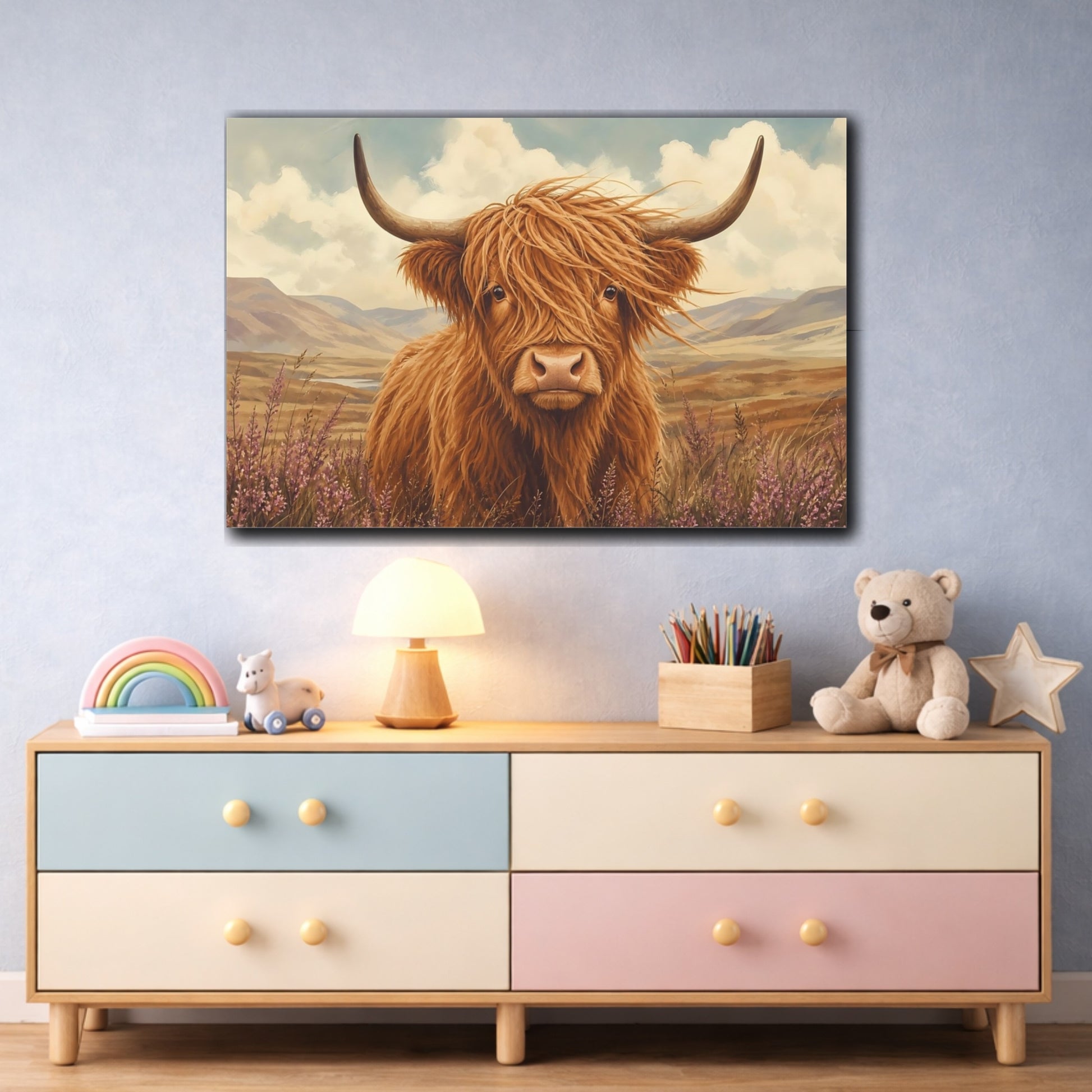 Mockup 3. Dramatic Wildlife Realism Shaggy Highland Cow In Wind shown as stretched canvas wall art