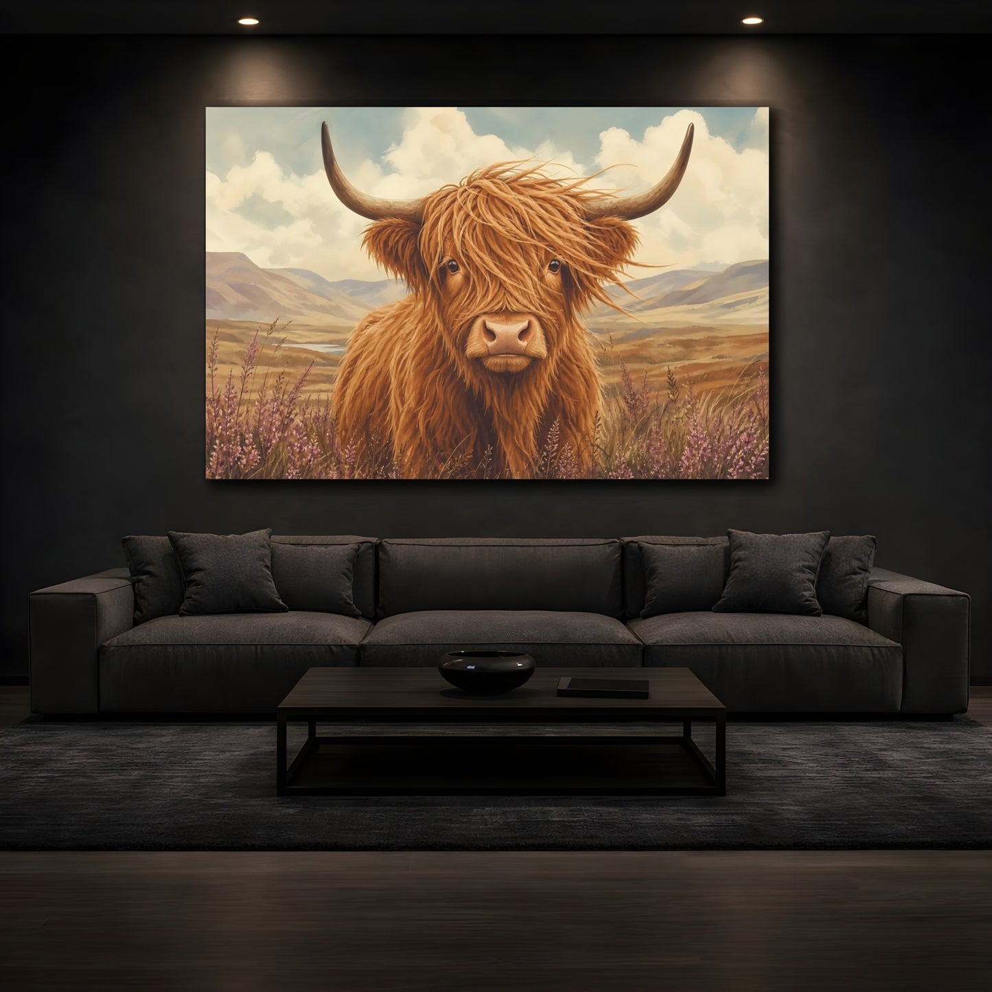 Mockup 4. Dramatic Wildlife Realism Shaggy Highland Cow In Wind shown as stretched canvas wall art