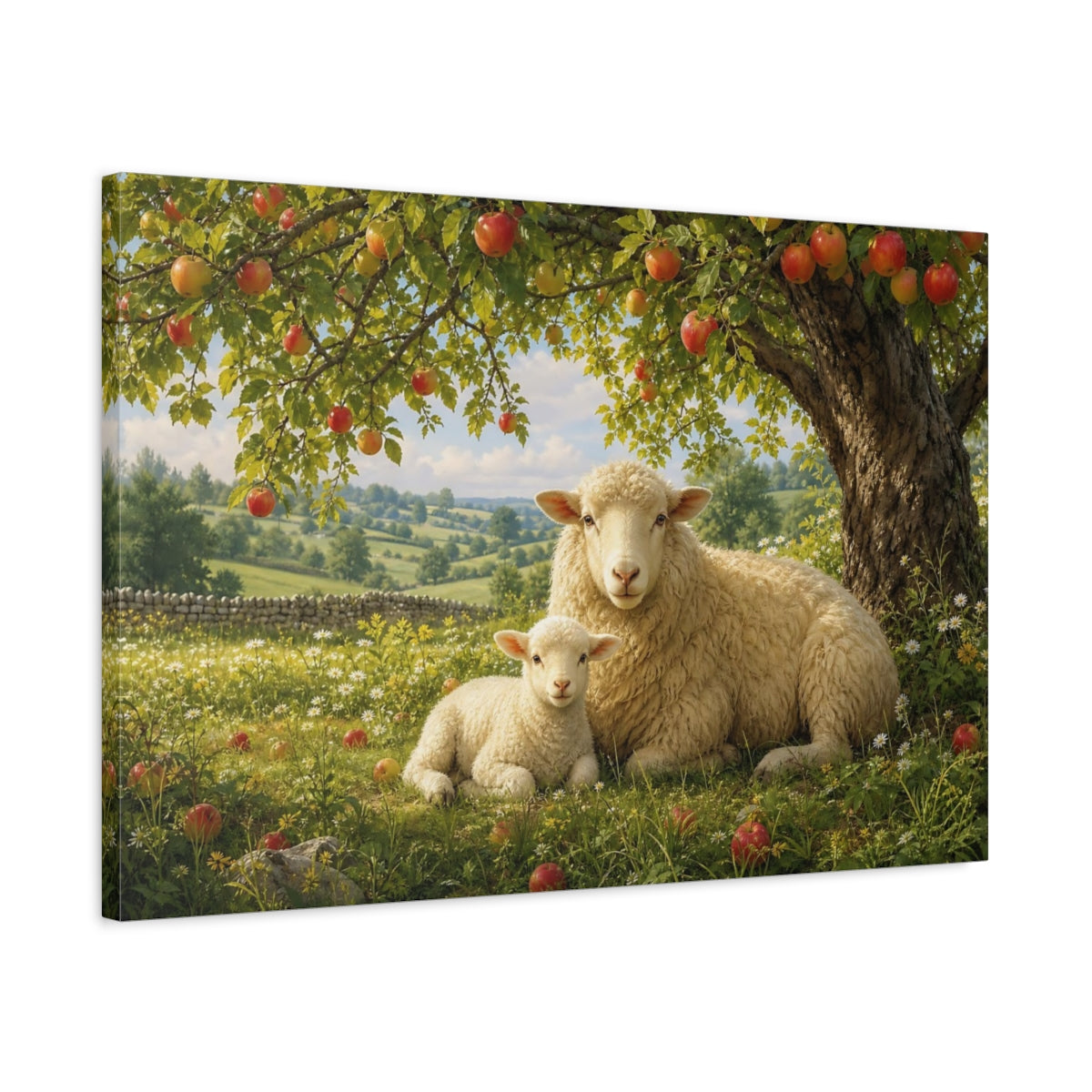 Side Mockup 2. Dramatic Wildlife Realism Sheep And Lamb Under Apple Tree shown as stretched canvas wall art