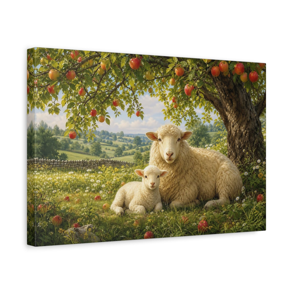 Side Mockup 4. Dramatic Wildlife Realism Sheep And Lamb Under Apple Tree shown as stretched canvas wall art