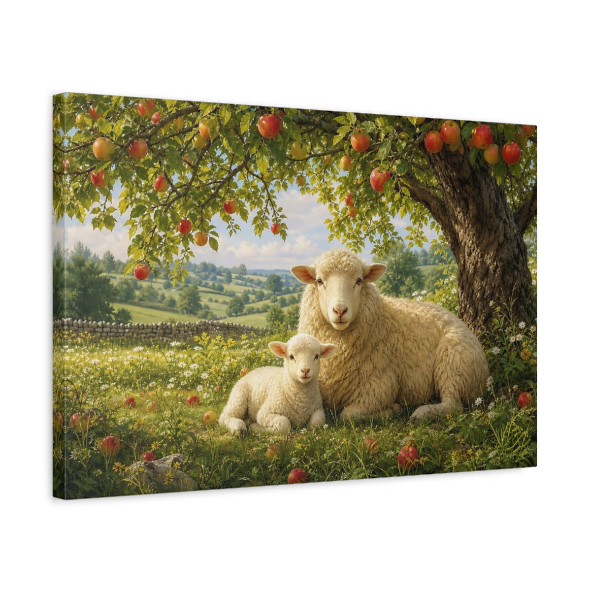 Side Mockup 3. Dramatic Wildlife Realism Sheep And Lamb Under Apple Tree shown as stretched canvas wall art