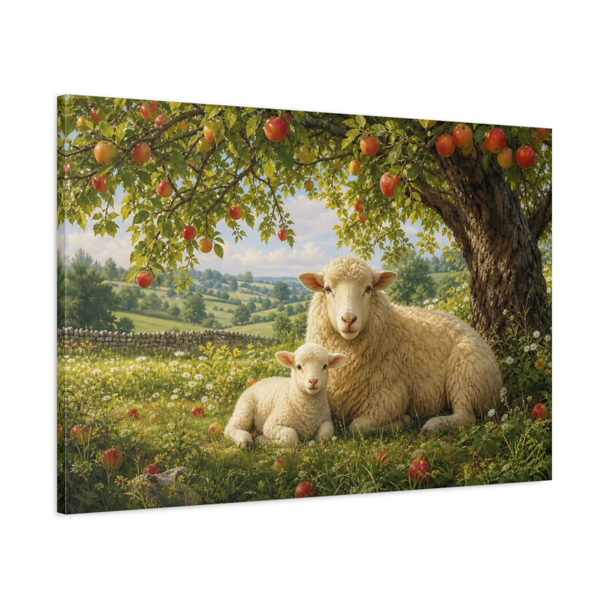Main Mockup. Dramatic Wildlife Realism Sheep And Lamb Under Apple Tree shown as stretched canvas wall art