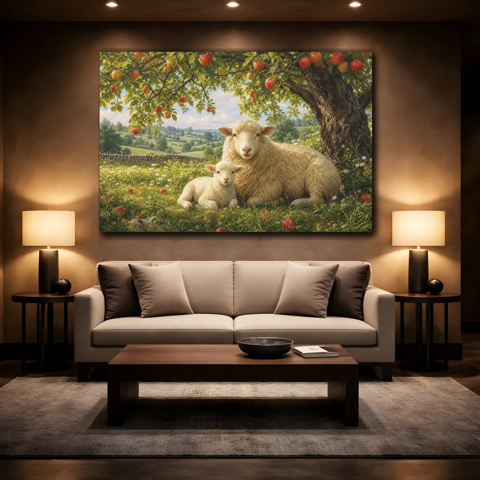 Mockup 2. Dramatic Wildlife Realism Sheep And Lamb Under Apple Tree shown as stretched canvas wall art