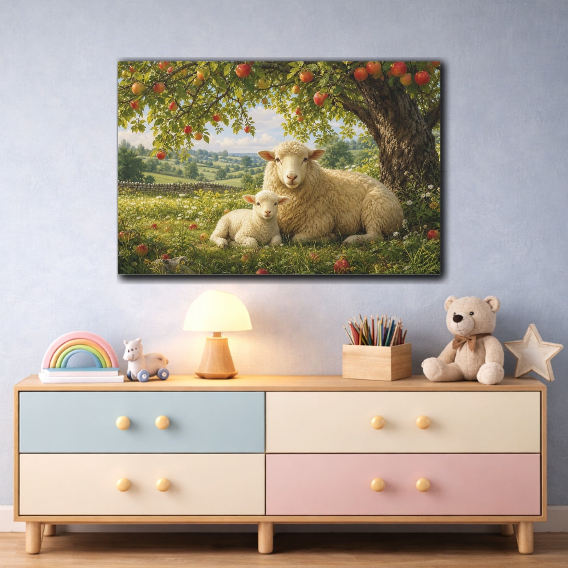 Mockup 3. Dramatic Wildlife Realism Sheep And Lamb Under Apple Tree shown as stretched canvas wall art
