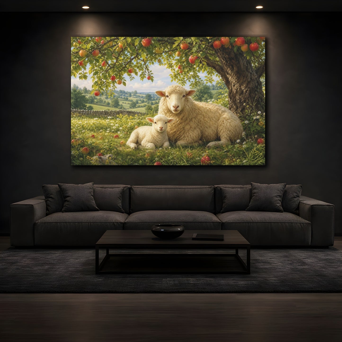 Mockup 4. Dramatic Wildlife Realism Sheep And Lamb Under Apple Tree shown as stretched canvas wall art