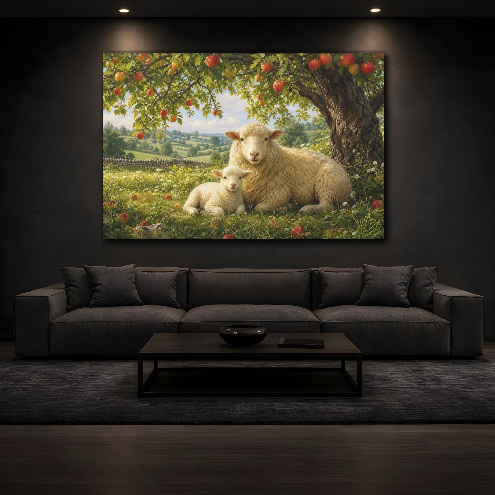 Mockup 4. Dramatic Wildlife Realism Sheep And Lamb Under Apple Tree shown as stretched canvas wall art