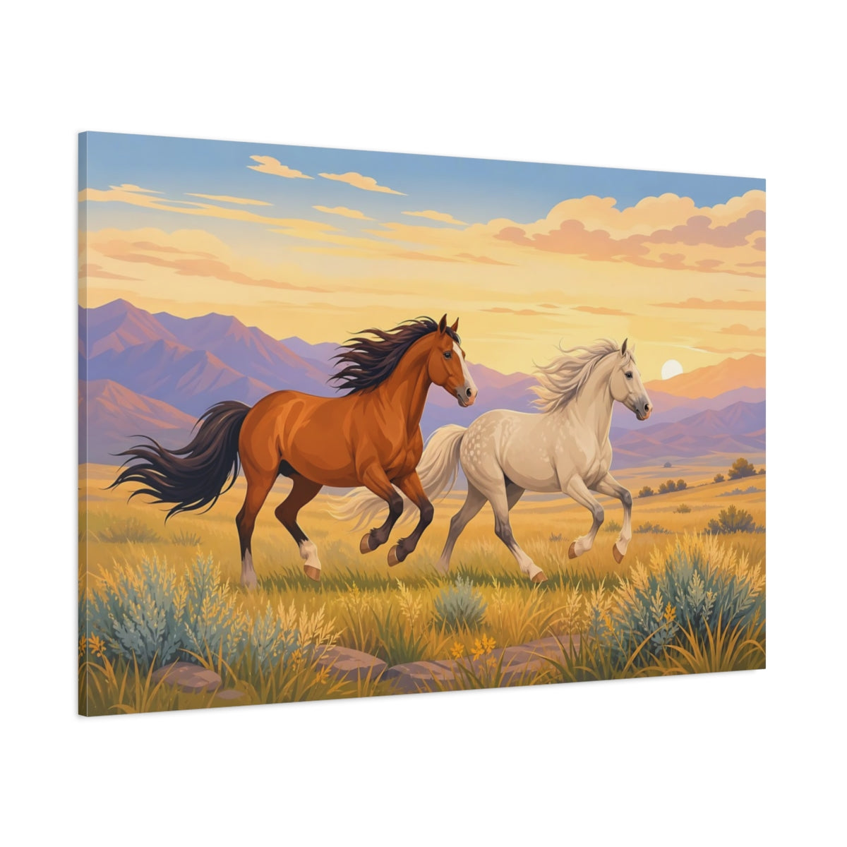 Side Mockup 1. Dramatic Wildlife Realism Wild Horses Crossing Open Plain shown as stretched canvas wall art