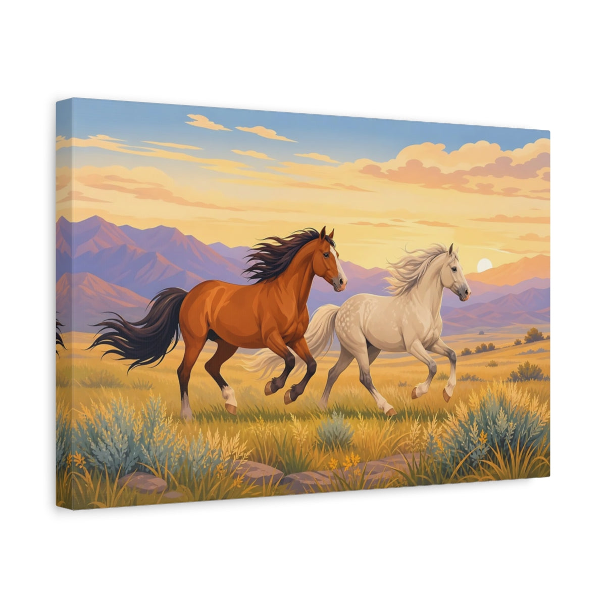 Side Mockup 4. Dramatic Wildlife Realism Wild Horses Crossing Open Plain shown as stretched canvas wall art