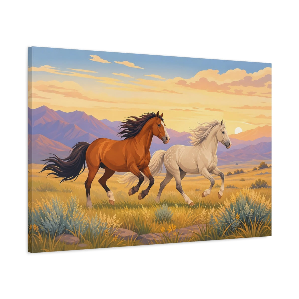 Main Mockup. Dramatic Wildlife Realism Wild Horses Crossing Open Plain shown as stretched canvas wall art