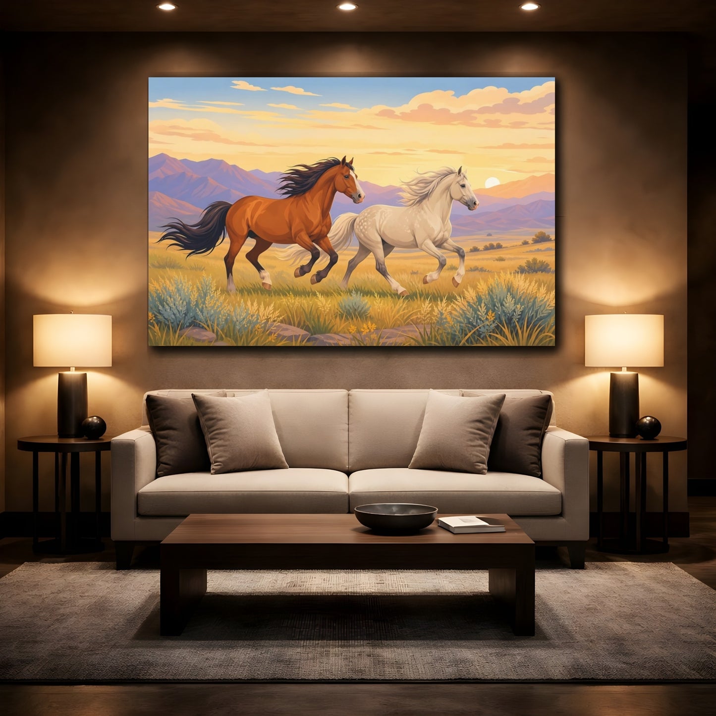 Mockup 2. Dramatic Wildlife Realism Wild Horses Crossing Open Plain shown as stretched canvas wall art