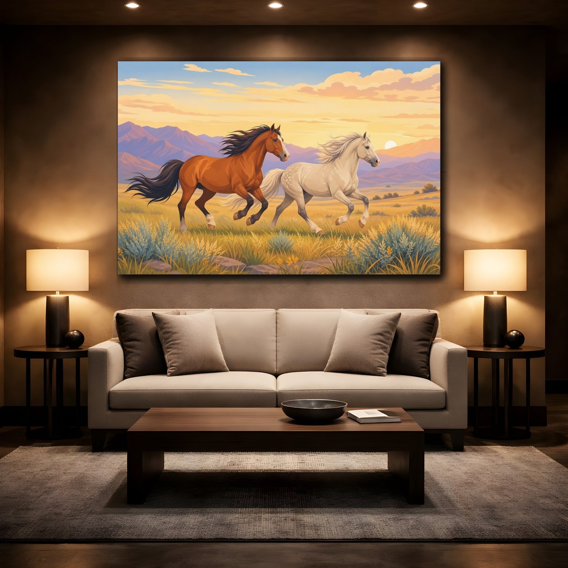 Mockup 2. Dramatic Wildlife Realism Wild Horses Crossing Open Plain shown as stretched canvas wall art