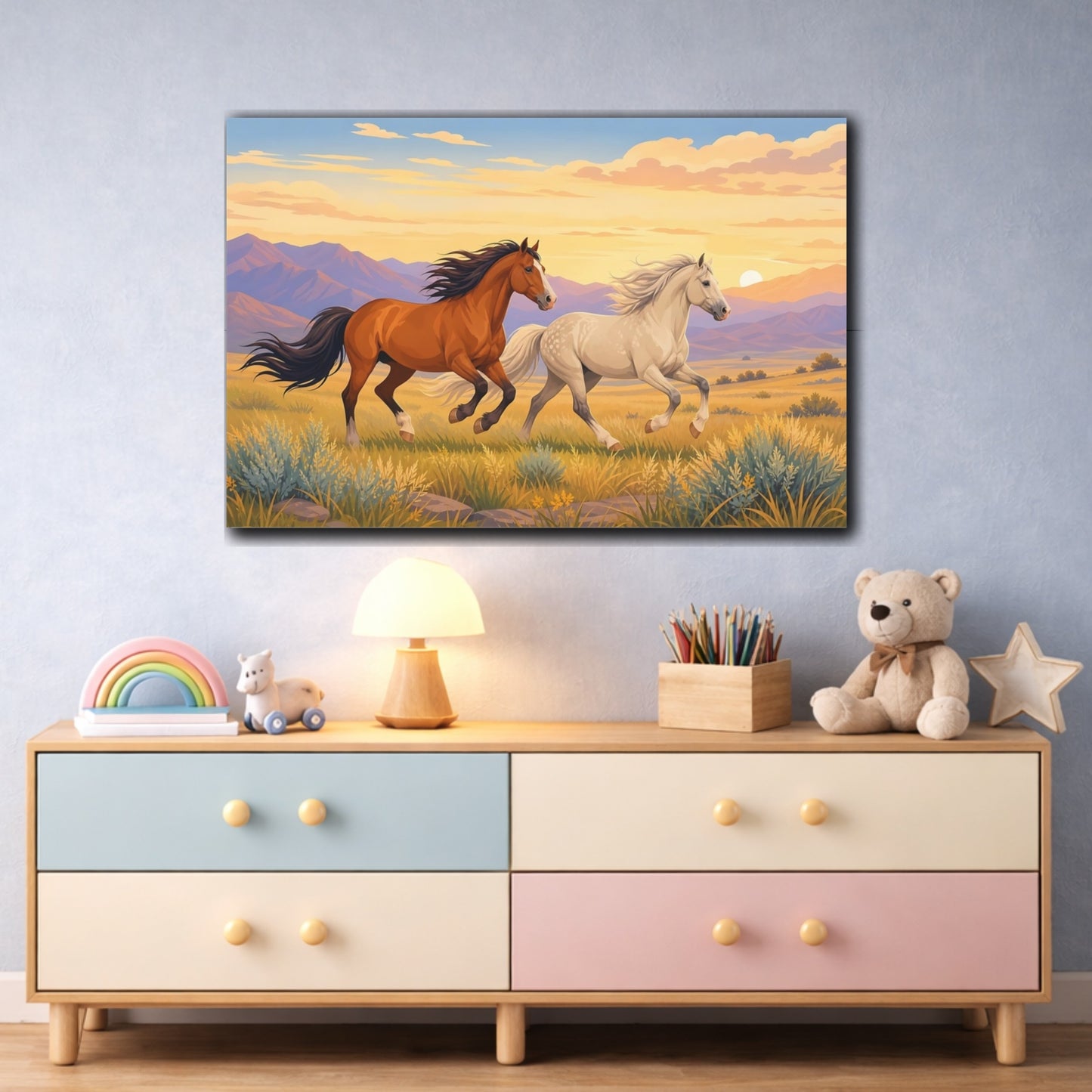 Mockup 3. Dramatic Wildlife Realism Wild Horses Crossing Open Plain shown as stretched canvas wall art