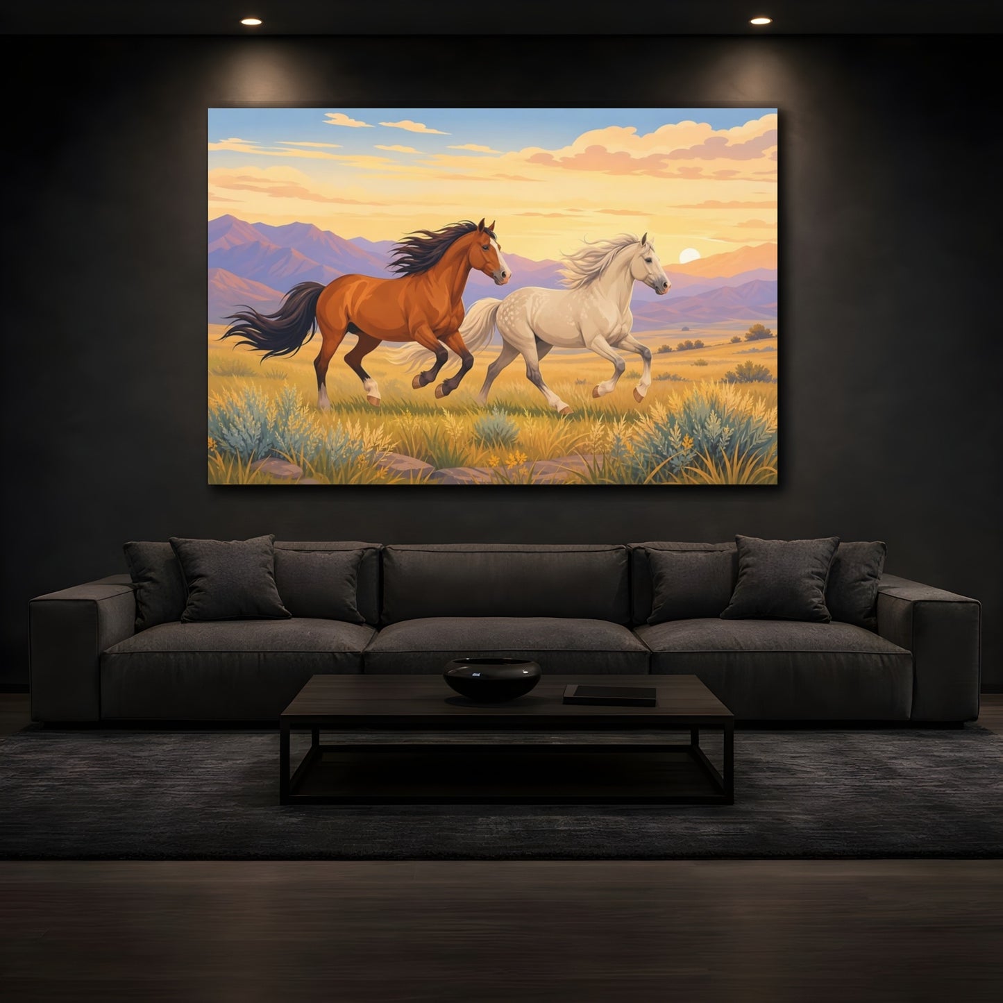 Mockup 4. Dramatic Wildlife Realism Wild Horses Crossing Open Plain shown as stretched canvas wall art