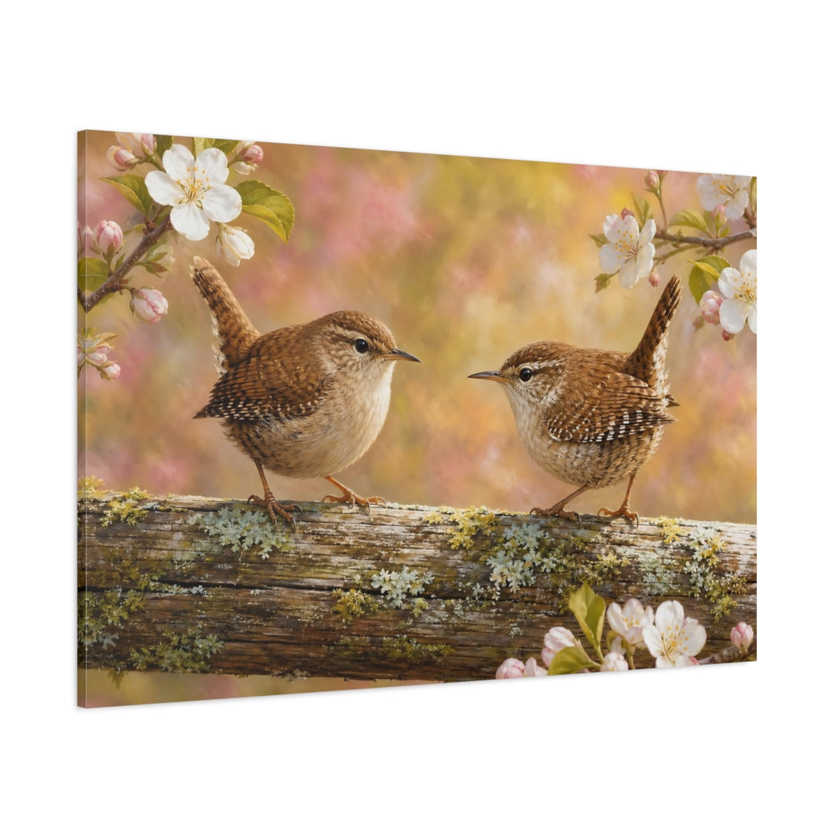 Side Mockup 1. Dramatic Wildlife Realism Wren On Weathered Fence Rail shown as stretched canvas wall art