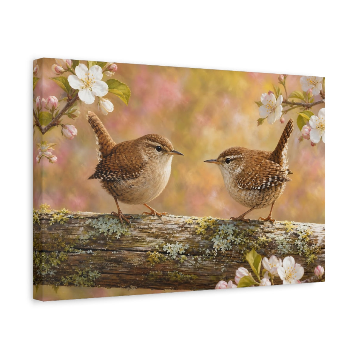 Side Mockup 4. Dramatic Wildlife Realism Wren On Weathered Fence Rail shown as stretched canvas wall art