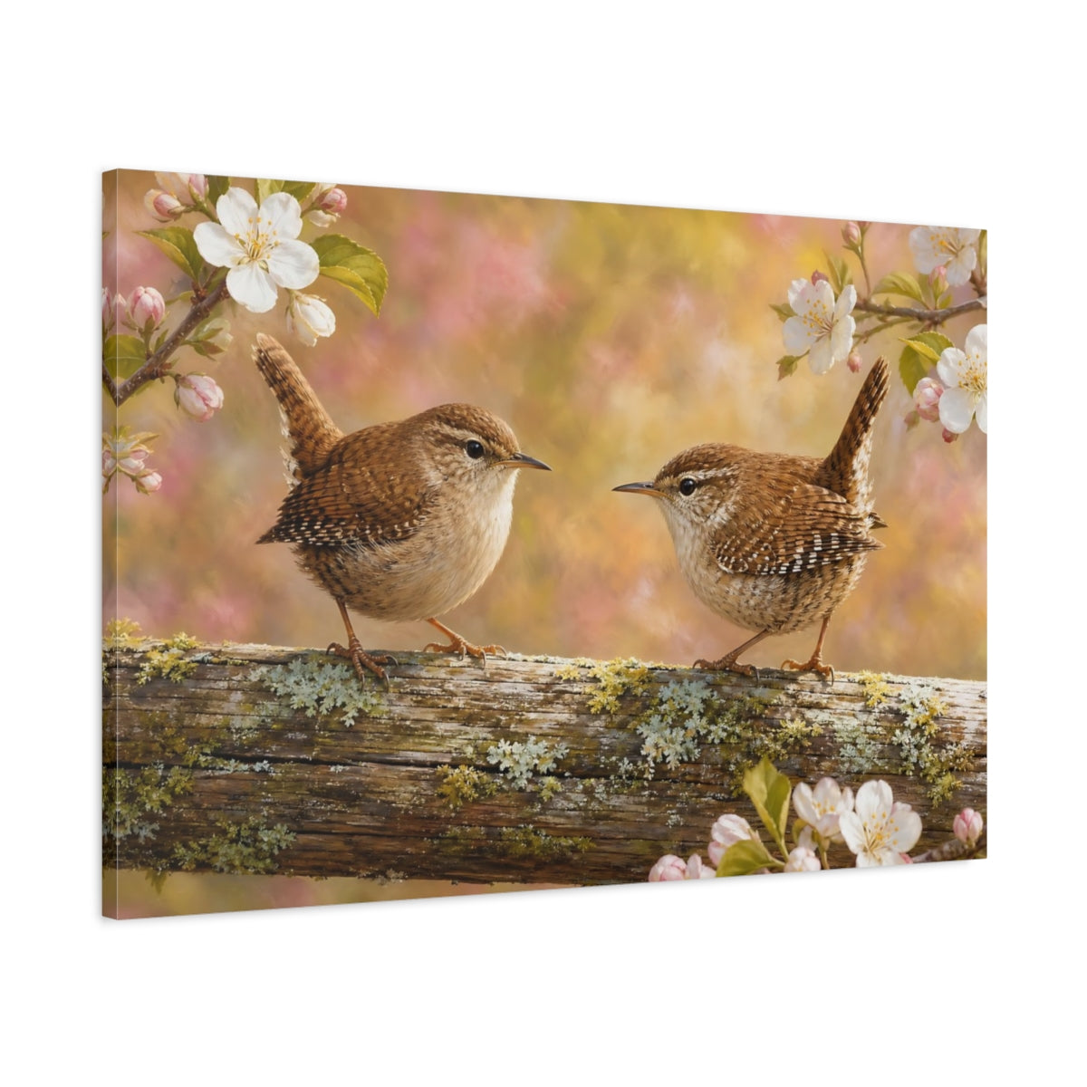Main Mockup. Dramatic Wildlife Realism Wren On Weathered Fence Rail shown as stretched canvas wall art