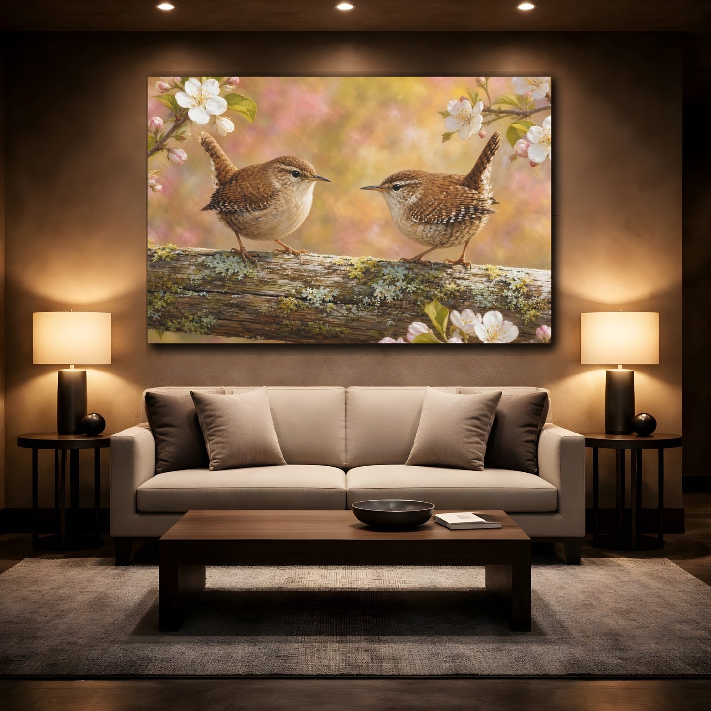 Mockup 2. Dramatic Wildlife Realism Wren On Weathered Fence Rail shown as stretched canvas wall art