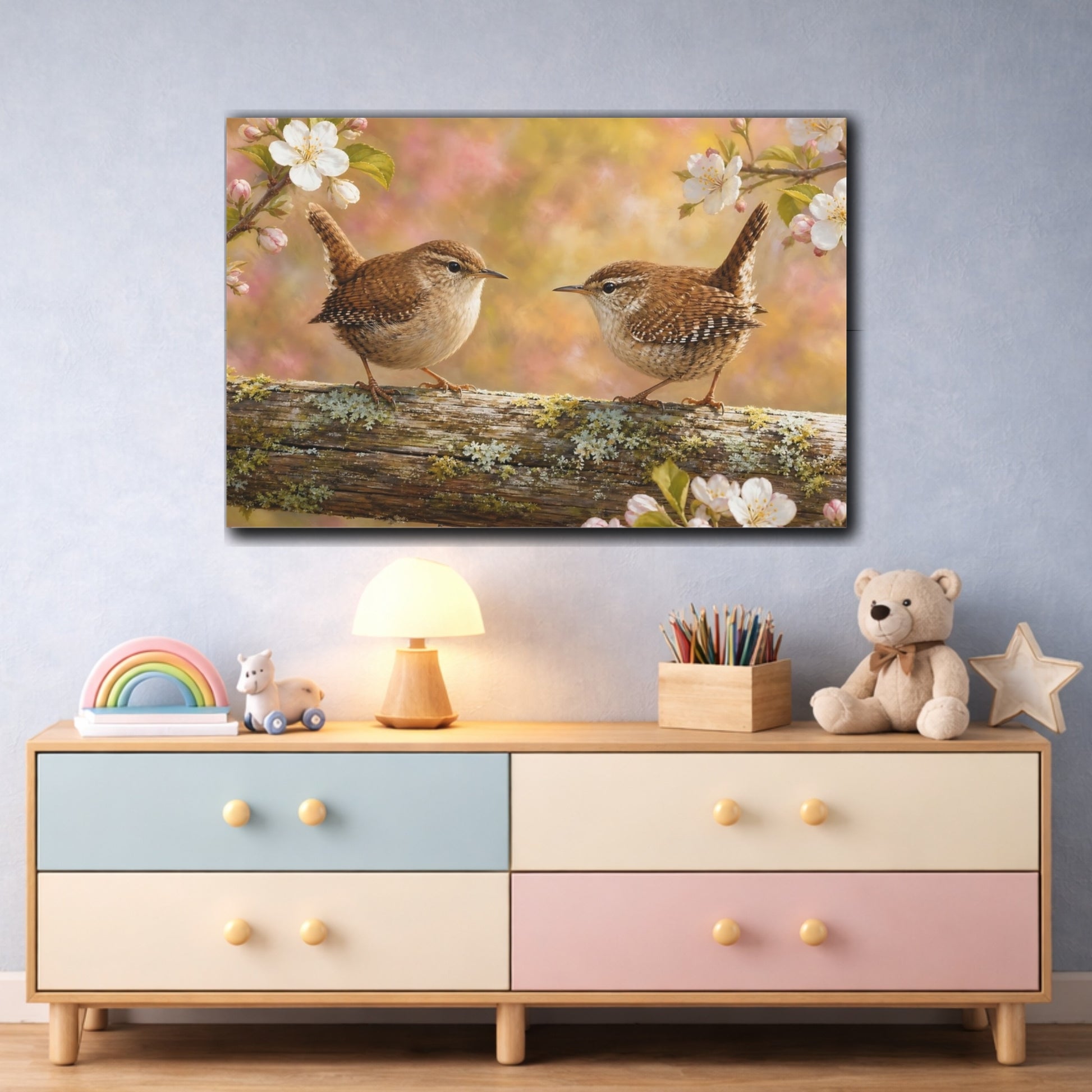 Mockup 3. Dramatic Wildlife Realism Wren On Weathered Fence Rail shown as stretched canvas wall art