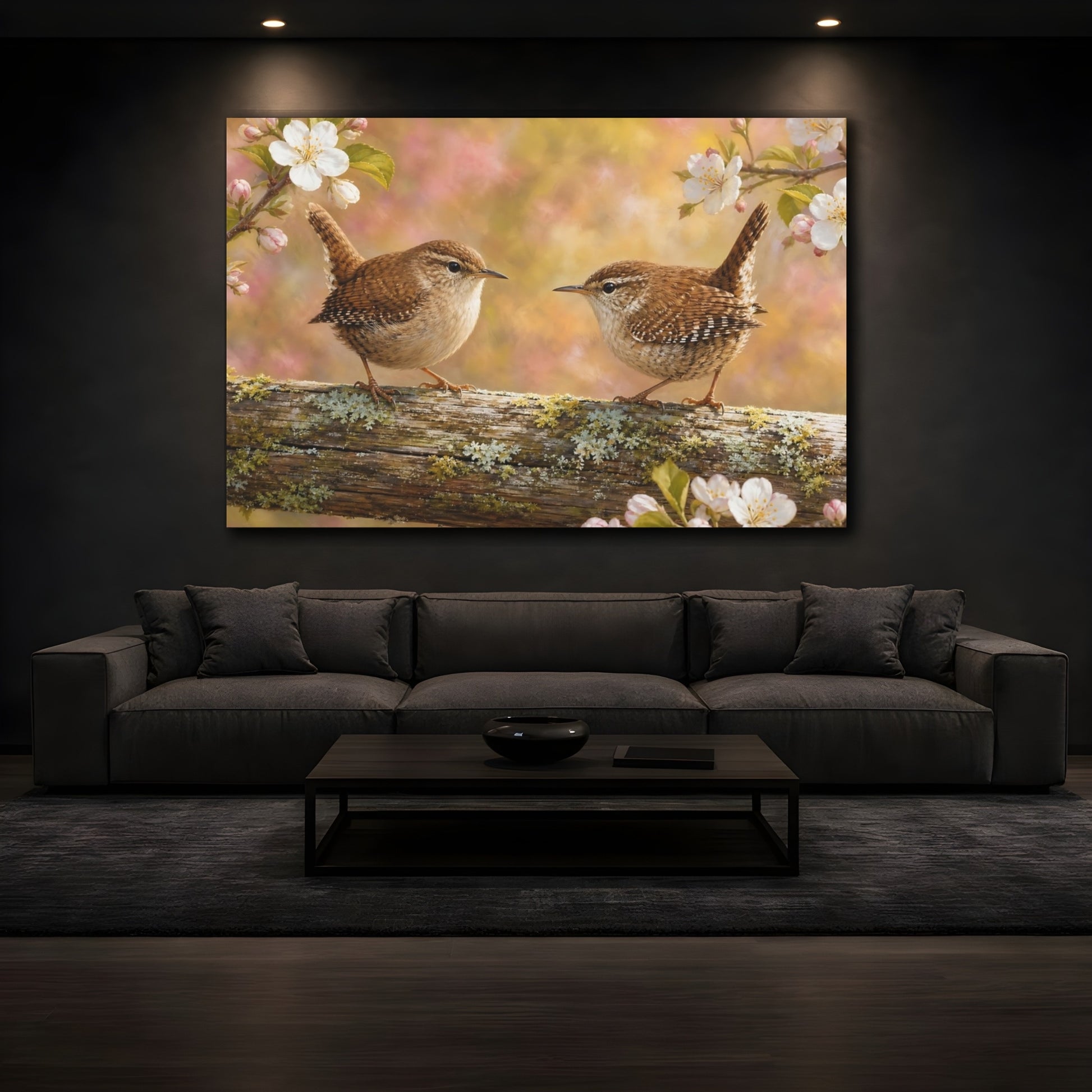 Mockup 4. Dramatic Wildlife Realism Wren On Weathered Fence Rail shown as stretched canvas wall art