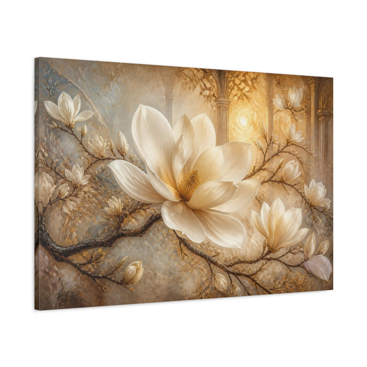 Main Mockup. Dreamlike Ivory Magnolia shown as canvas print