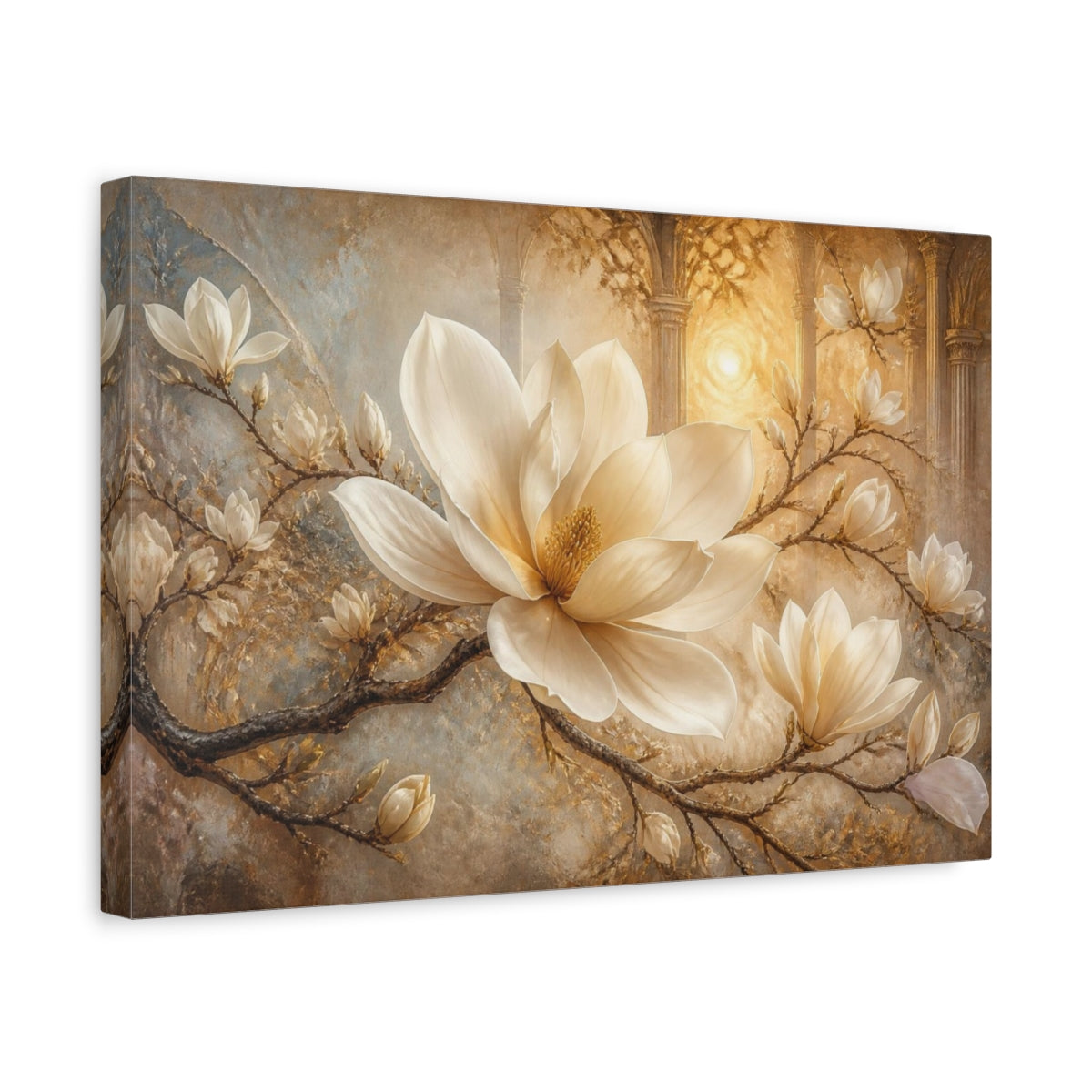 Side Mockup 4. Dreamlike Ivory Magnolia shown as canvas print