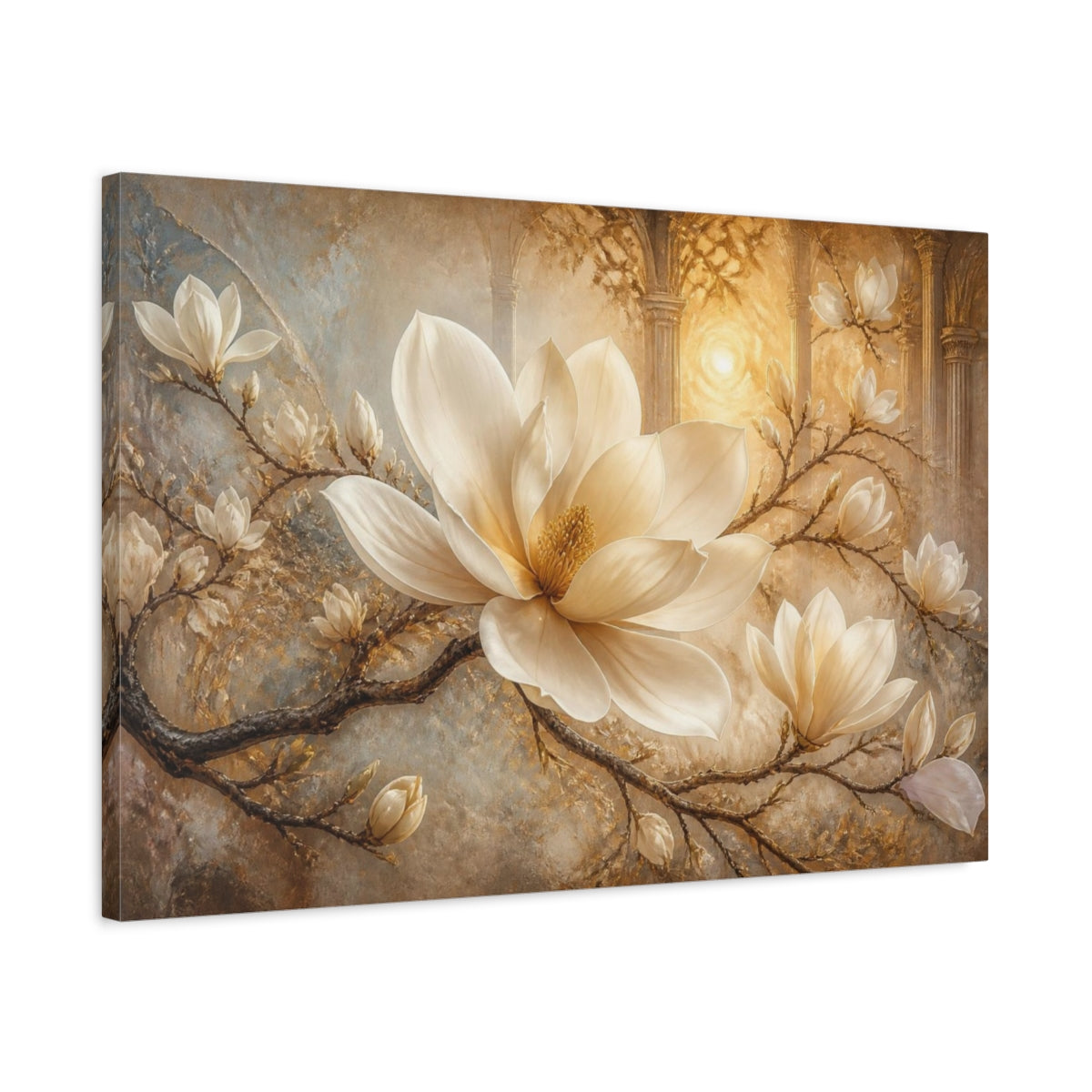 Side Mockup 2. Dreamlike Ivory Magnolia shown as canvas print