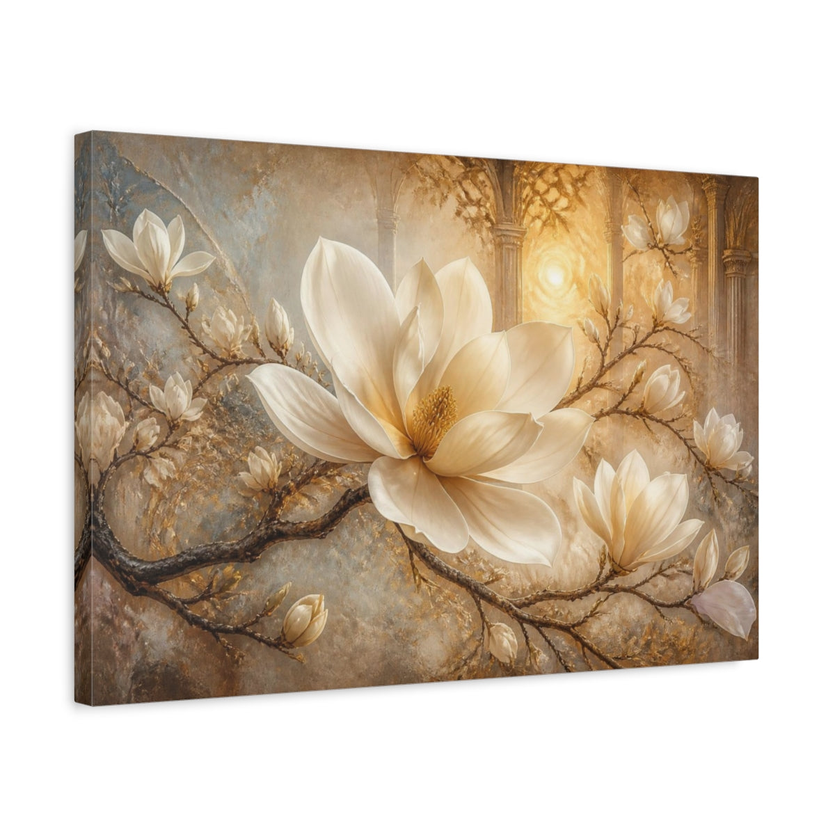 Side Mockup 3. Dreamlike Ivory Magnolia shown as canvas print
