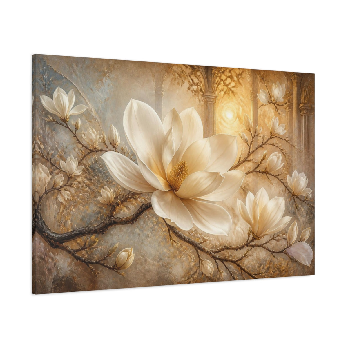 Side Mockup 1. Dreamlike Ivory Magnolia shown as canvas print