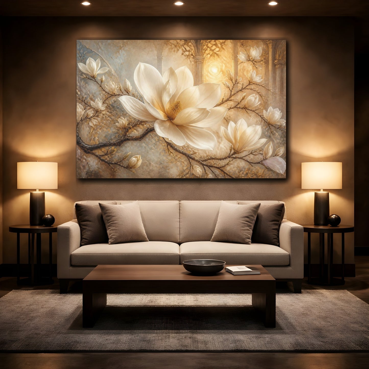 Mockup 2. Dreamlike Ivory Magnolia shown as canvas print