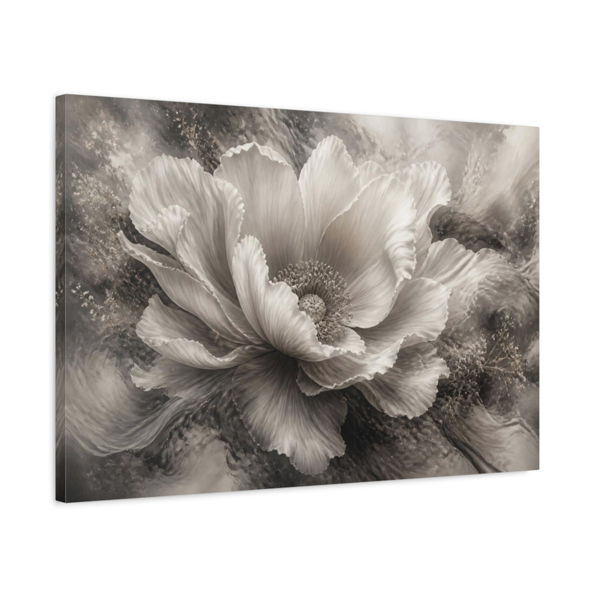 Side Mockup 2. Dreamlike Monochrome Bloom shown as canvas print